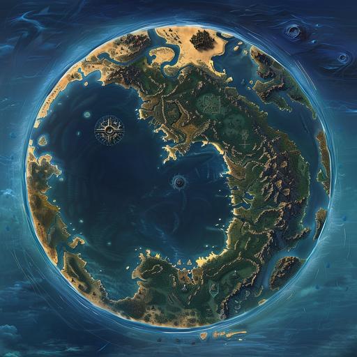 A top view map depicting a circular continent, taking center stage within a deep blue ocean that goes out in all directions and off screen. The continent is surrounded by a sandy yellow shoreline that transitions into lighter blue shallow waters, indicating coastal areas where the ocean meets the land. High Fantasy Elven cities. This landmass is unique, with the northern part of the continent characterized by dark, dense patches of magical, green foliage that suggest sprawling elven and eldritch forests or thick magical wilderness. Huge, megalithic fantasy life trees. The central region features a large, circular lake with a distinct blue hue, surrounded by what appears to be a ring of land with a lighter green shade, indicating plains or grasslands. The lake seems to be a significant focal point of the continent. Moving southward, the terrain becomes more rugged and mountainous or desert like. The mountains have halos around them, the deserts are magic deserts of ghosts. Dark brown to black shading illustrates what could be towering peaks and rocky formations, indicating a shift to a more treacherous and elevated landscape. Massive castles and medieval countries of Elves. These mountains could be home to snow caps or volcanic activity, hinted at by their darker coloration. There are rings and spreads of Elven cities, towns, and settlements. They are of medieval age and level. The surrounding ocean's deep blue suggests great depth, with lighter shades near the coastline, depicting shallower waters. The gradient of color in the ocean might indicate underwater terrain or currents, and the contrast between the vast ocean and the dense, life-filled continent paints a picture of an isolated realm within a [...]