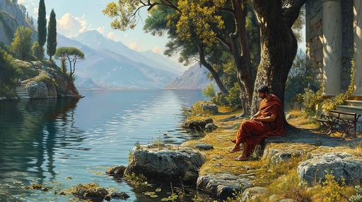 A tranquil scene of a Stoic philosopher by a calm lake classicism painting style --ar 16:9 --v 6.0