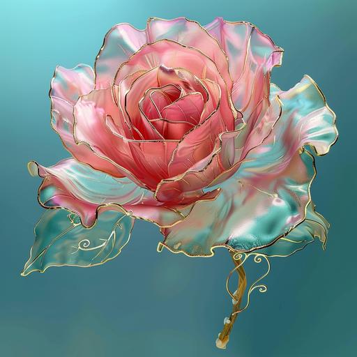 A transparent pink rose with edges scrolled with golden threads. Very delicate scrolled design on each petal. Opalescent turquoise background