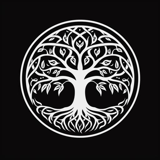 A tree of life logo in a circle, black and white
