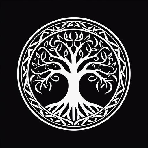 A tree of life logo in a circle, black and white