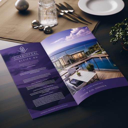 A tri-fold brochure on an upscale table, containing images and text about luxury real estate in Hawaii, with a purple-centered color scheme.