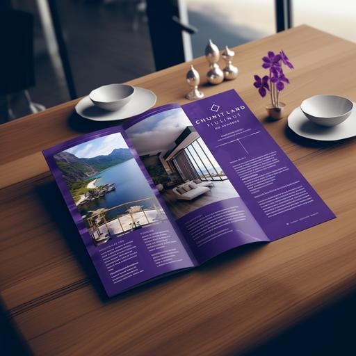 A tri-fold brochure on an upscale table, containing images and text about luxury real estate in Hawaii, with a purple-centered color scheme.
