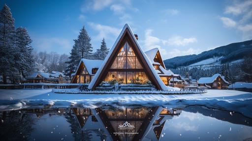 A triangular gingerbread house with heavy snow on the roof. The house has lights on. The lights shine through the windows and contain reflections at 8:00 p.m. --ar 16:9 --s 250