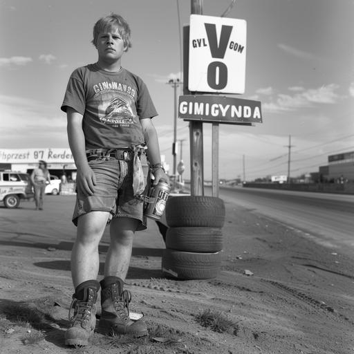 A twenty year old man standing sideways beside a drag strip, there is a sign saying Gimli Dragways. He is average height with dirty blond hair to his shoulders with T shirt and very short beach shorts, chunky legs, wearing large work boots that are wide open with the tongue fully forward and no shoe laces. He is holding a oversized can of beer, the letters OV is clearly visable on the beer can.