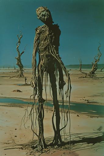 A twisted man made of wooden branches and sticks posing in a murky desert lagoon. The man made of wooden branches and sticks has long strands of algae dripping from his body. In the background there are psychedelic twisting trees. Surrealist painting by Salvador Dalí. --style raw --v 6.0 --ar 2:3