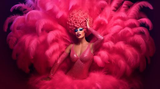 A two-toned, pop art style photograph of Divine in her iconic pink flamingo costume. The mood is joyful and energetic under the glow of studio lights. The indoor environment highlights her extravagant performance attire, making this a standout portrait shot. --ar 16:9 --q 5 --v 5.1