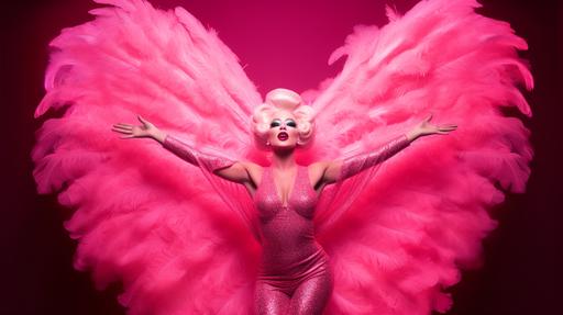 A two-toned, pop art style photograph of Divine in her iconic pink flamingo costume. The mood is joyful and energetic under the glow of studio lights. The indoor environment highlights her extravagant performance attire, making this a standout portrait shot. --ar 16:9 --q 5 --v 5.1