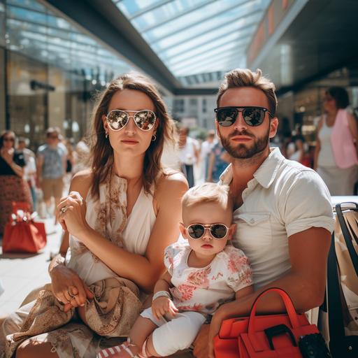 A typical average earning couple with two small children in a busy shopping mall somewhere in Berlin on a sunny noon. Photo realisitc, high resolution, Vogue cover style