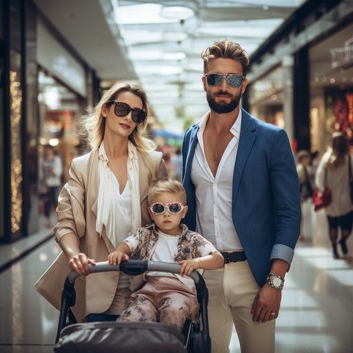 A typical average earning couple with two small children in a busy shopping mall somewhere in Berlin on a sunny noon. Photo realisitc, high resolution, Vogue cover style