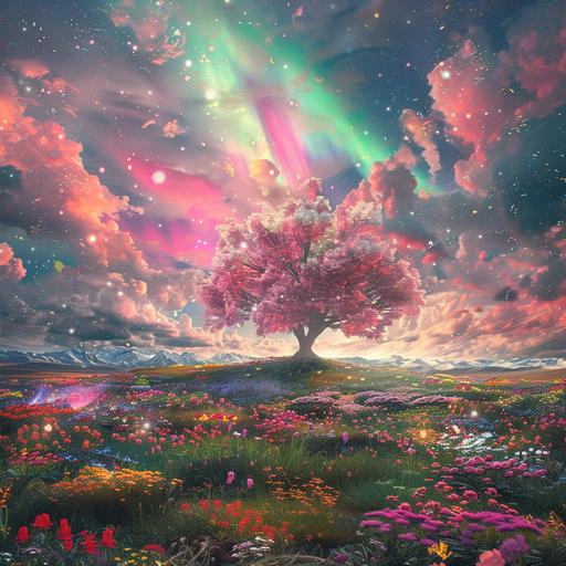 A vast space covered with colorful and beautiful flowers, a sky covered with mysterious clouds and aurora, a large pink tree in the center swaying beautifully in the wind, front view --v 6.0