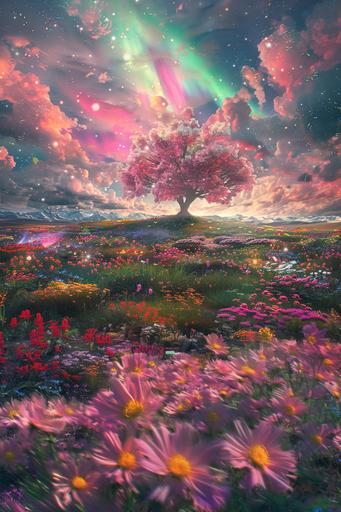 A vast space covered with colorful and beautiful flowers, a sky covered with mysterious clouds and aurora, a large pink tree in the center swaying beautifully in the wind, front view --v 6.0 --ar 2:3