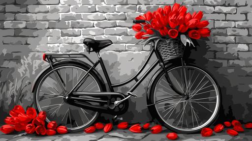 A vector art of a vintage bicycle leaning against a brick wall, in shades of monochrome. Add a splash of color with a basket full of tulips in vivid scarlet --ar 16:9 --sref  --v 6.0 --s 250 --style raw