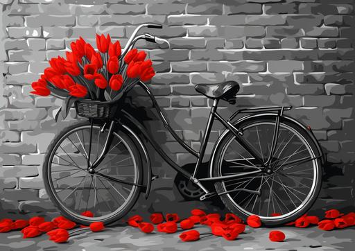 A vector art of a vintage bicycle leaning against a brick wall, in shades of monochrome. Add a splash of color with a basket full of tulips in vivid scarlet --ar 7:5 --sref  --v 6.0 --s 250 --style raw
