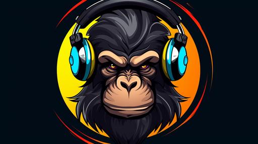 A vector illustration for a logo of a black monkey with headphones. Editorial, 4k --ar 16:9