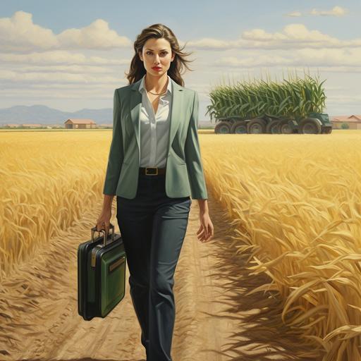 A very executive saleswoman walking the street with a small business suitcase, she is confident and very serious about her job as a salesperson. She is walking in a rural area, passin throught john deere machines in a corn crop field