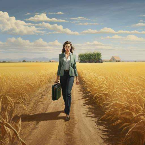 A very executive saleswoman walking the street with a small business suitcase, she is confident and very serious about her job as a salesperson. She is walking in a rural area, passin throught john deere machines in a corn crop field