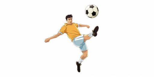 A very handsome male football player kicked the football so far that the ball shot out like a shooting star. side view. cartoon hand drawn, Hayao Miyazaki, Pure white background.