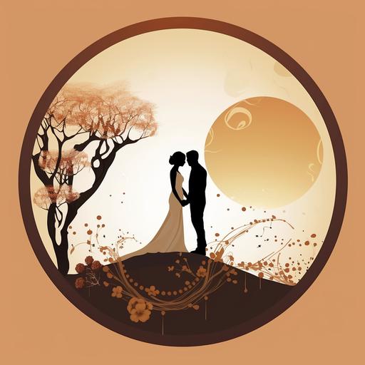 A very high class and minimalist wedding postcard invitation design for table decoration. It should have fine earth colors and be very appealing. It should include a silhouette couple form holding hands, a circle representing circle of marriage life and trust. Also a ring icon