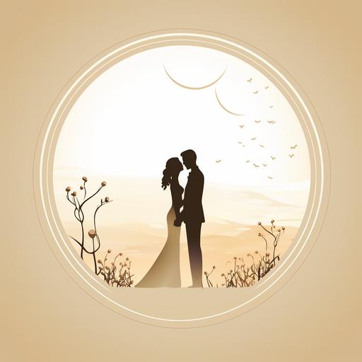 A very high class and minimalist wedding postcard invitation design for table decoration. It should have fine earth colors and be very appealing. It should include a silhouette couple form holding hands, a circle representing circle of marriage life and trust. Also a ring icon