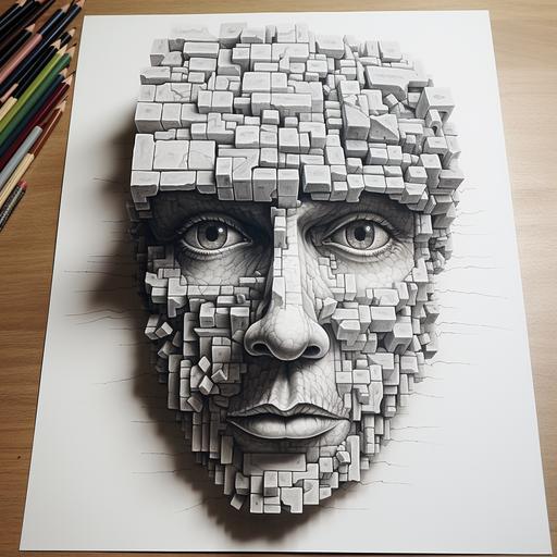A very realistic pen sketch of a face made of stone cubes, a surreal vision