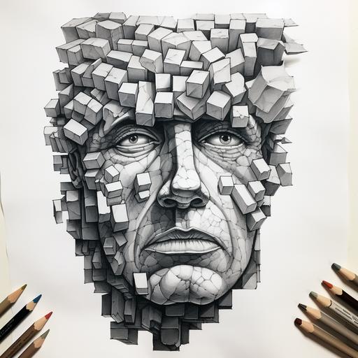 A very realistic pen sketch of a face made of stone cubes, a surreal vision