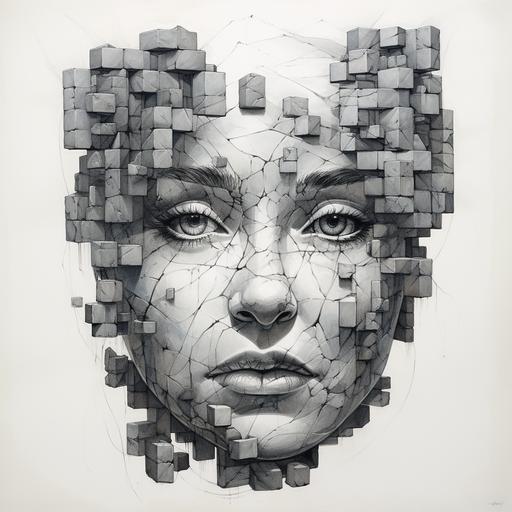 A very realistic pen sketch of a woman's face made of stone cubes, a surreal vision