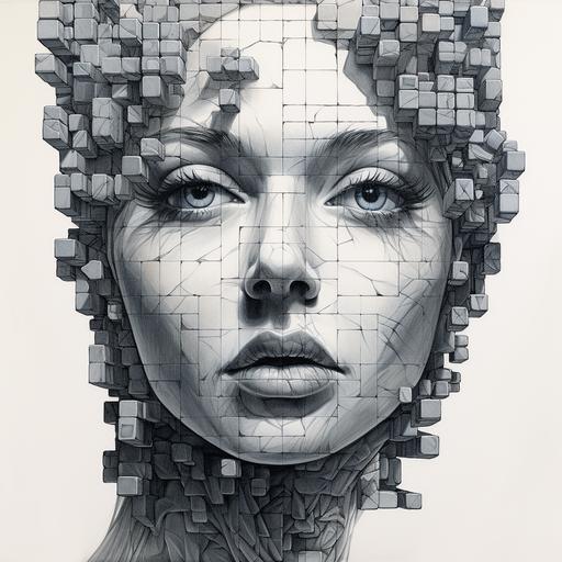 A very realistic pen sketch of a woman's face made of stone cubes, a surreal vision