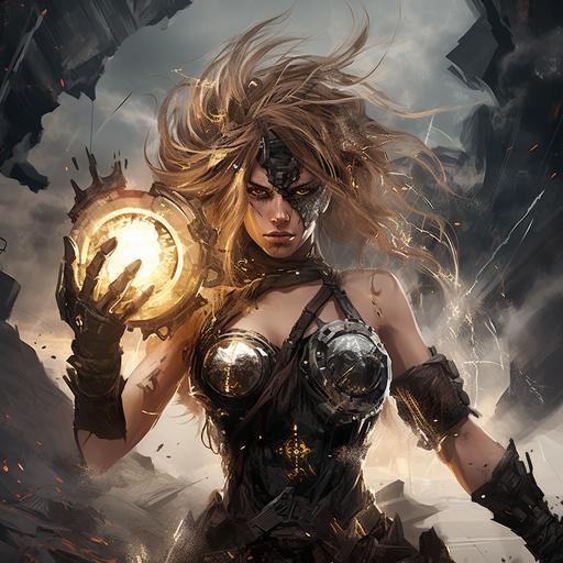 A very strong woman, post-apocalyptic techno-barbaric, lord of war. she wears a scrap metal crown. she holds a sphere filled with a storm cloud. a bolt of lightning falls next to the fighting stance. epic manga style, rage, barbarism, fighting stance.