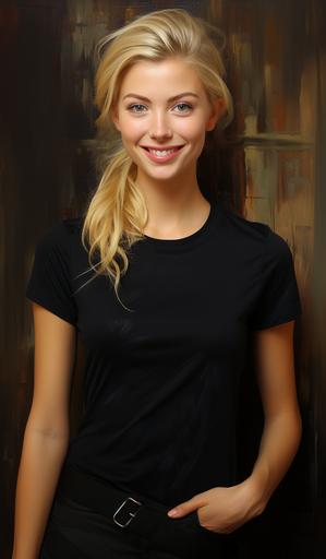 A very, very impressionistic, minimalistic oil painting by CHIN H SHIN of a beautiful 25 year old blonde American woman, tight fitting black t-shirt. smile. --s 550 --ar 700:1200