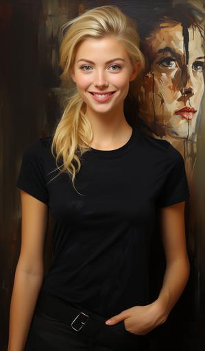 A very, very impressionistic, minimalistic oil painting by CHIN H SHIN of a beautiful 25 year old blonde American woman, tight fitting black t-shirt. smile. --ar 700:1200 --s 550