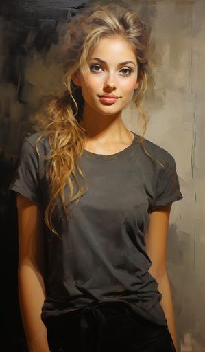 A very, very impressionistic, minimalistic oil painting by CHIN H SHIN of a beautiful 25 year old dark blonde Greek woman, tight fitting dark gray t-shirt. smile. --ar 700:1200 --s 550