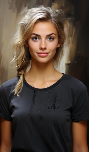 A very, very impressionistic, minimalistic oil painting by CHIN H SHIN of a beautiful 25 year old dark blonde Greek woman, tight fitting dark gray t-shirt. smile. --s 550 --ar 700:1200