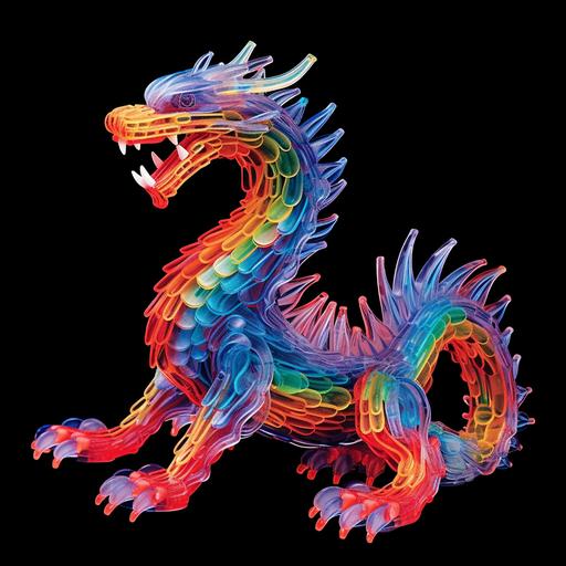 A vibrant Chinese dragon statue, meticulously crafted from crystal quilling: each sliver of crystal meticulously layered to form the sinuous curves and dynamic shape of the legendary beast. Colours in kaleidoscopic array refract and dance upon the facets of the dragon, casting intricate, fractal patterns of light all around. Blend the intricacy of quilling art with the majesty of crystal sculpture and the ethereal beauty of James Gurney's light reflections::2 Crystal Quilling, Chinese Dragon, Fractal Light, Colourful, Reflections::3 James Gurney, Quilling Art, Dragon Statue, Light Refractions, Vibrant Colours --chaos 75 --ar 1:1 --s 175.