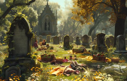 A vibrant and cheerful scene unfolds in an ancient, sunlit graveyard, where a group of friends gathers for a picnic on a bright, warm day. The tombstones, aged and covered in moss, serve as unique backdrops for colorful blankets and baskets filled with an assortment of treats. The atmosphere is light-hearted and full of laughter, with the group sharing stories and toasting to the memories of those who rest there. The scene is captured in a high-saturation, vivid color palette, emphasizing the contrast between the lively gathering and the peaceful, resting place. The composition is wide, capturing the sprawling beauty of the graveyard, adorned with wildflowers and ancient trees, under a clear blue sky. --ar 39:25 --v 6.0 --s 250 --style raw