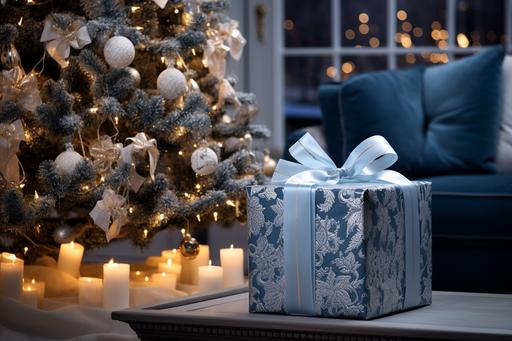 A vibrant blue Christmas gift placed prominently under a Nordic Christmas tree, adorned with traditional decorations and soft, warm lights, capturing the essence of a cozy, festive holiday scene --ar 3:2 --s 250