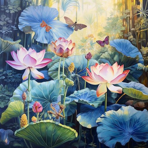 A vibrant botanical world unveiling the power of plant medicine, watercolor painting, light, bright, nature, detailed, outdoors, sunshine, blue lotus, cacao, butterflies, birds