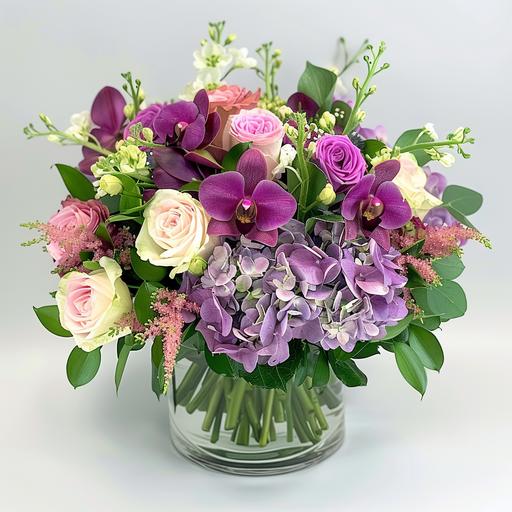 A vibrant bouquet of pink and white roses, purple orchids, lavender hydrangeas, and green foliage arranged in an elegant opaque glass vase. The arrangement is in the style of focus on face. --ar 1:1 --v 6.0