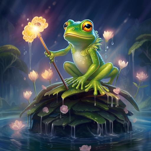 A vibrant green frog knight perched on a lily pad in a lush swamp. The frog has bright, intelligent eyes and bulging cheeks. Wispy smoke curls from its nostrils, hinting at its magical abilities. In front of the frog, suspended in mid-air, are several sparkling rainbow droplets, like tiny, glowing bubbles.Include fireflies dancing around the frog and the rainbow droplets. bioluminescent  --v 5.2