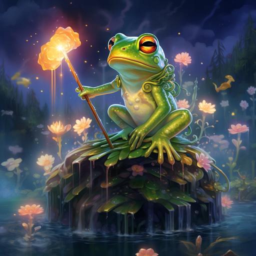 A vibrant green frog knight perched on a lily pad in a lush swamp. The frog has bright, intelligent eyes and bulging cheeks. Wispy smoke curls from its nostrils, hinting at its magical abilities. In front of the frog, suspended in mid-air, are several sparkling rainbow droplets, like tiny, glowing bubbles.Include fireflies dancing around the frog and the rainbow droplets. --v 5.2