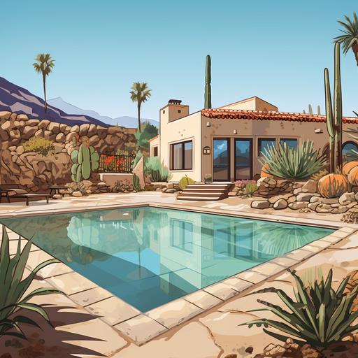 A villa in the middle of the desert with pool in the middle and a patterned wall beside it on the right side of the pool, cartoon, Low detailed illustration, storyboo