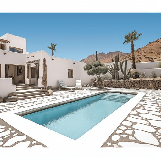 A villa in the middle of the desert with pool in the middle and a black & white patterned wall beside it on the left side of the pool, Cartoon, Low detailed illustration, storybook