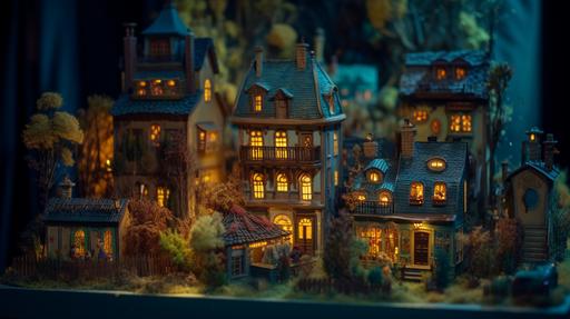 A village of miniature doll houses various types of buildings yellow tea light on a soft autumn night, green forest life, tiltshifted made from blue light crystal infused with silver metals and salad green oils, ultra detailed, flair, intricate details, 16k, volumetric lighting, shot with Canon EOS R3 Mirrorless Digital Camera, Octane render, ray tracing --ar 16:9 --q 2 --upbeta --v 5