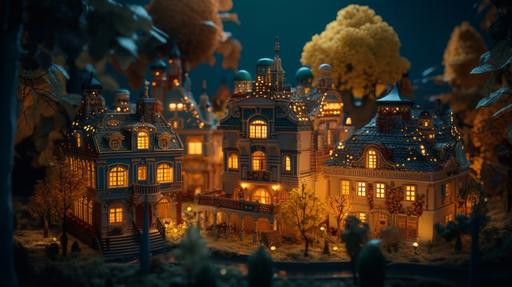 A village of miniature rococo doll houses various types of buildings yellow tea light on a soft autumn night, green forest life, tiltshifted made from blue light crystal infused with silver metals and green oils, ultra detailed, flair, intricate details, 16k, volumetric lighting, shot with Canon EOS R3 Mirrorless Digital Camera, Octane render, ray tracing --ar 16:9 --q 2 --upbeta --v 5