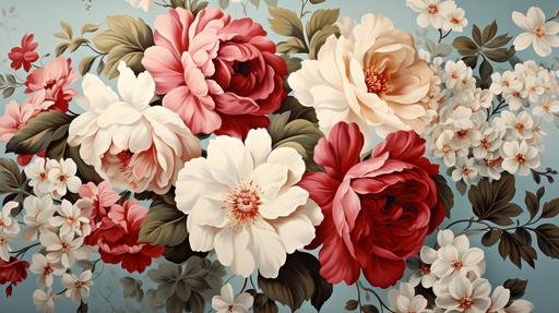 A vintage floral wallpaper design. Delicate roses intertwined with gold leaf vines, in soft pastel colors, evoking Victorian-era decor. --ar 16:9 --s 750 --v 5.2