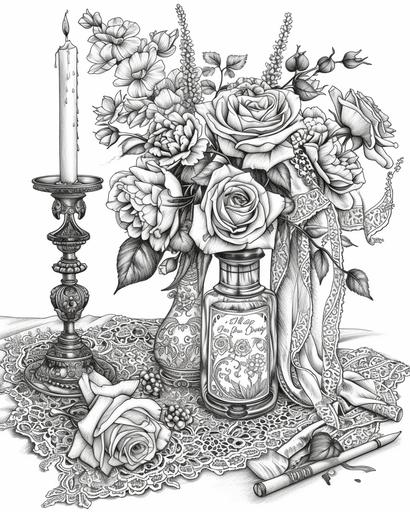 A vintage-inspired arrangement of roses and orchids, with a lace tablecloth and an antique candle holder, black and white coloring page for adults, thick lines, greyscale --ar 4:5 --v 6.0