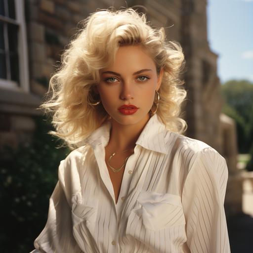 A vintage photograph from a VHS screengrab from a 1995 fashion photo shoot of a blonde female supermodel, who looks like a mix between Marylin Monroe and Denise Richards. She is wearing old money-styled clothes by the Ralph Lauren collection from 1995, old money aesthetic, upper-class attire. Big white mansion setting. The shot is taken with an old film camera, Kodak Gold 200 - 50mm Film, yellowish palette, HSV noise, photo noise, Film grain noise --ar 1:1 --v 5.2 --s 750