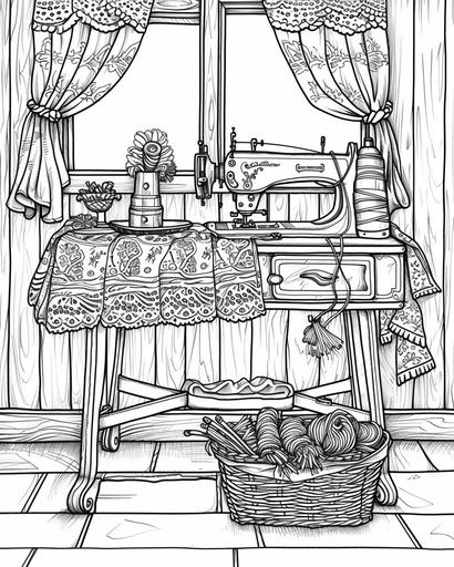 A vintage sewing corner with a lace tablecloth, sewing machine, and a basket of colorful threads, coloring page monochrome, black and white, thick lines, for adults --ar 4:5 --v 6.0