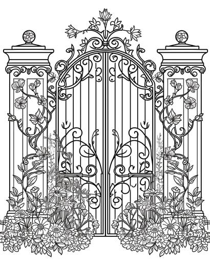 A vintage wrought-iron gate opening to a secret garden full of wildflowers, coloring page monochrome, black and white, thick lines, for adults --ar 4:5 --v 6.0