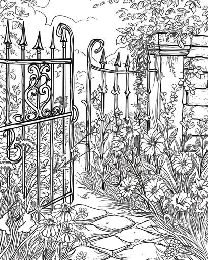 A vintage wrought-iron gate opening to a secret garden full of wildflowers, coloring page monochrome, black and white, thick lines, for adults --ar 4:5 --v 6.0
